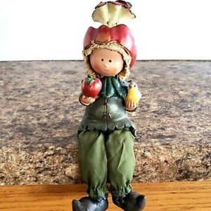 Vintage Dangle Leg Boy Figurine Shelf Sitter Apple Core Hat Holding Apple Bird